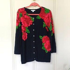 Isaac Mizrahi Black and Red Bold Floral Cardigan Sweater WL